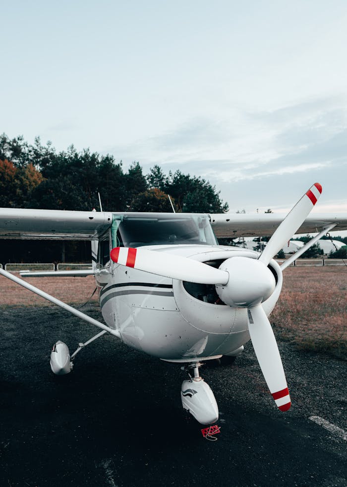 Single-engine Cessna on a grassy airfield in Lithuania, perfect for aviation themes.
